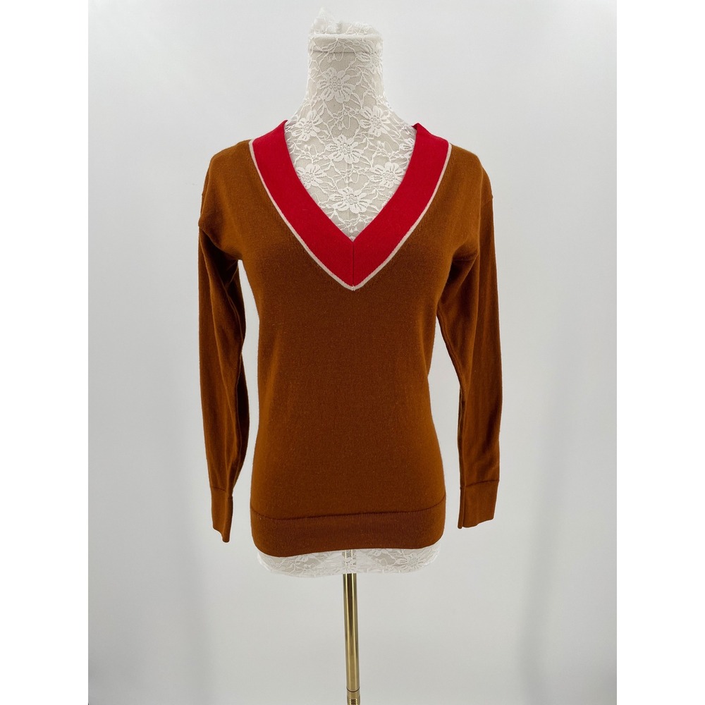 & Other Stories XS 100% Wool V Neck Sweater Brown Red Colorblock Preppy Knit